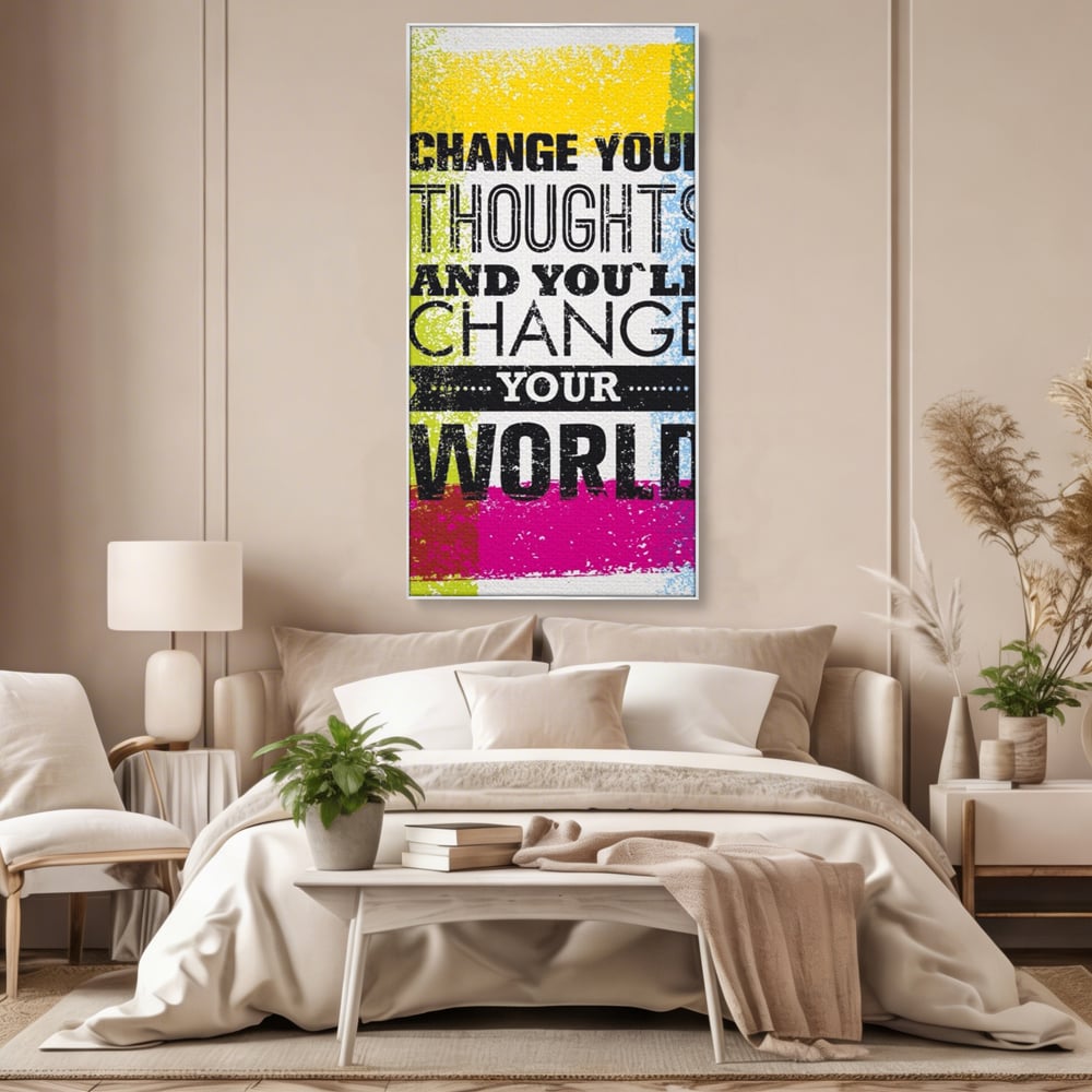 Tablou canvas cu tablou canvas cu mesaj motivational colorat, in rama de aluminiu argintiu, pe perete intr-un dormitor